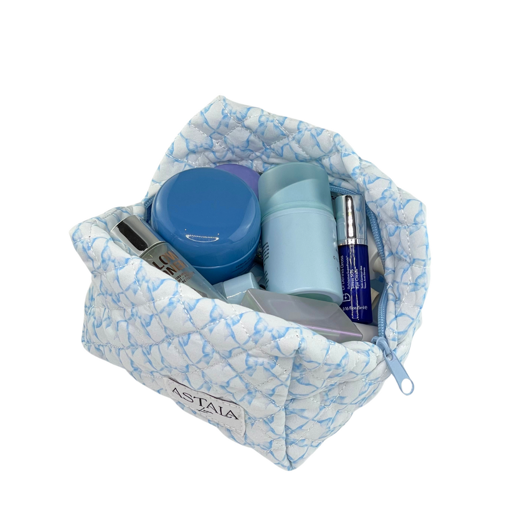 Beau Mini Blue Bow Print Quilted Bag Makeup Bag Skincare Bag
