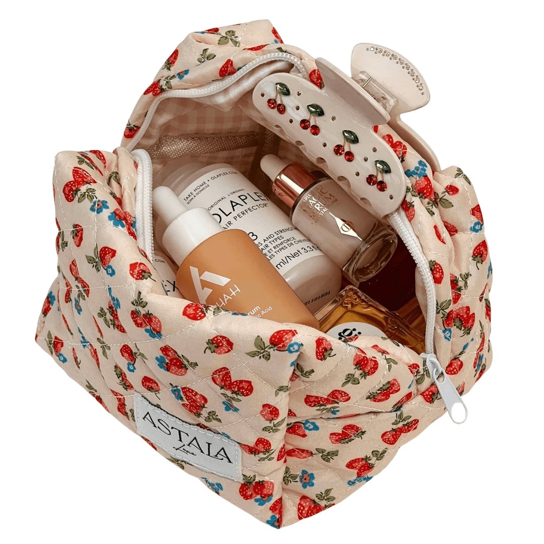 Ivy Mini Beige Strawberry Gingham Quilted Bag Make Up Bag Skincare  Bag