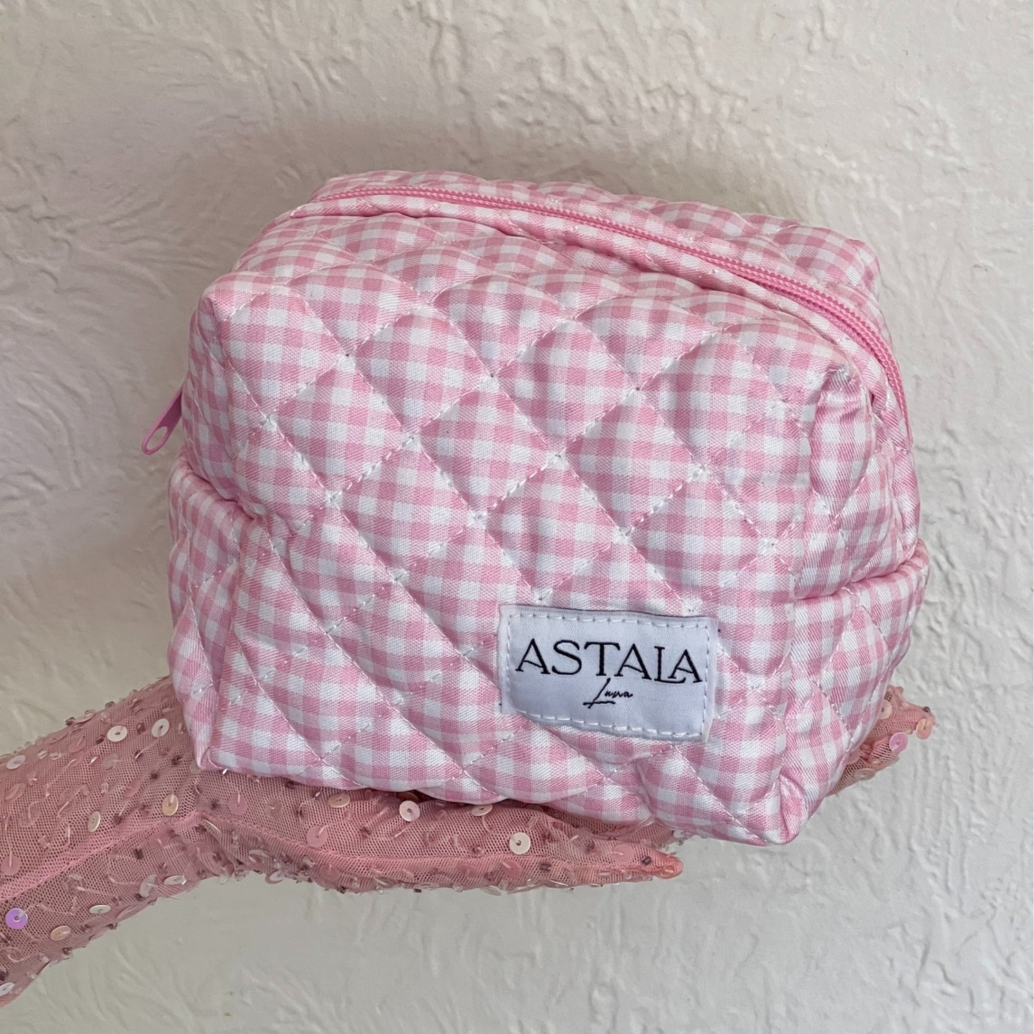 Aurora Mini Pink Blue Gingham Quilted Bag Make Up Bag Skincare