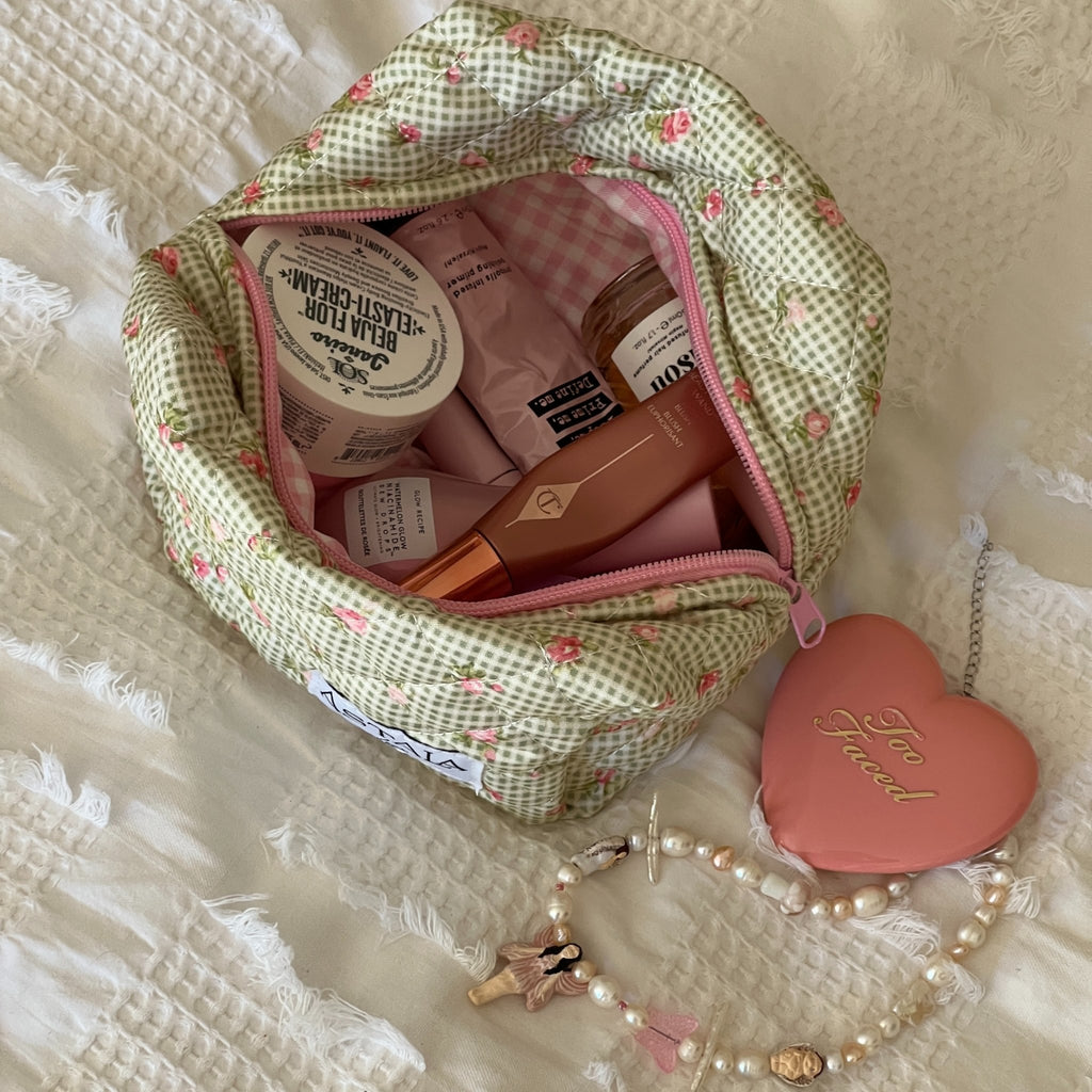 Fawn Mini | Green Rose + Pink Gingham Quilted Bag | Make Up Bag ...