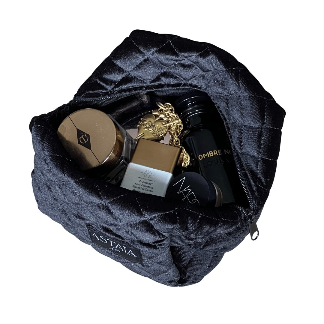 Salem Mini | Black Velvet Quilted Bag | Make Up Bag | Skincare Bag ...